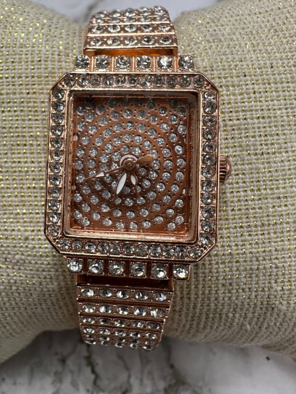 Rose Gold Tone Rhinestone Watch Womens Square Dial 20MM New Battery 6.5 Inch